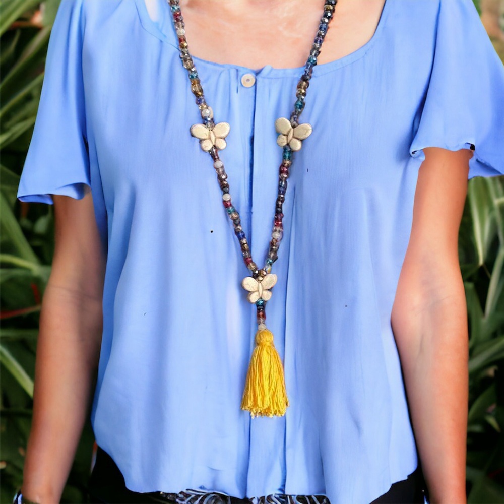 1Pc Boho Sweater Necklace Colorful Beaded Yellow Tassel Cross Feather Charm Fash